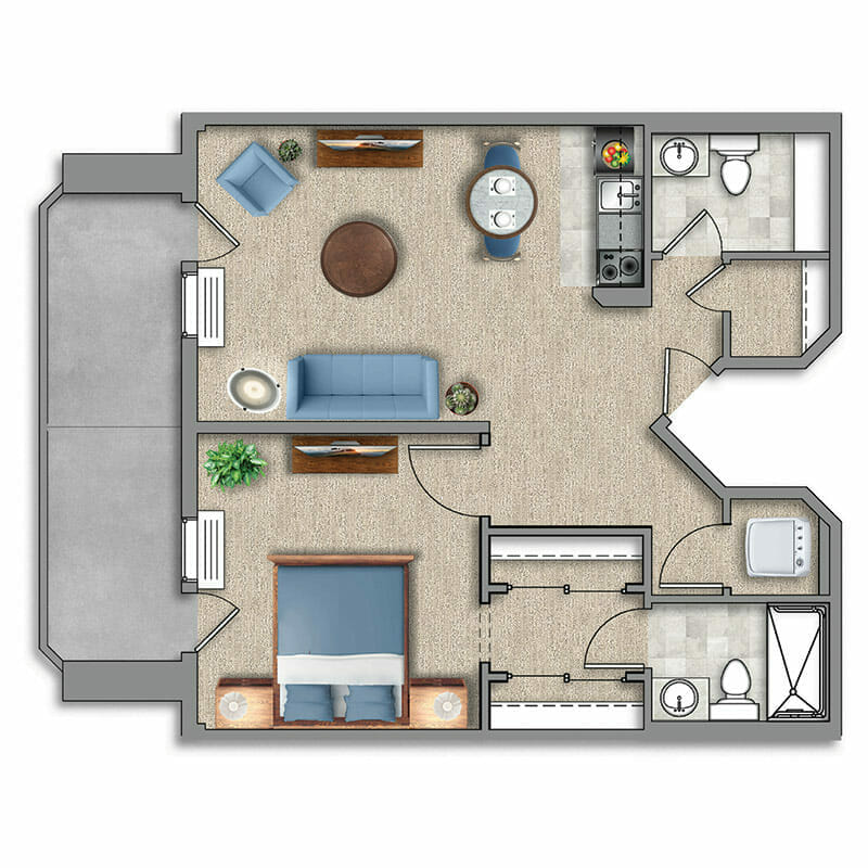 One Bedroom, Two Bathroom