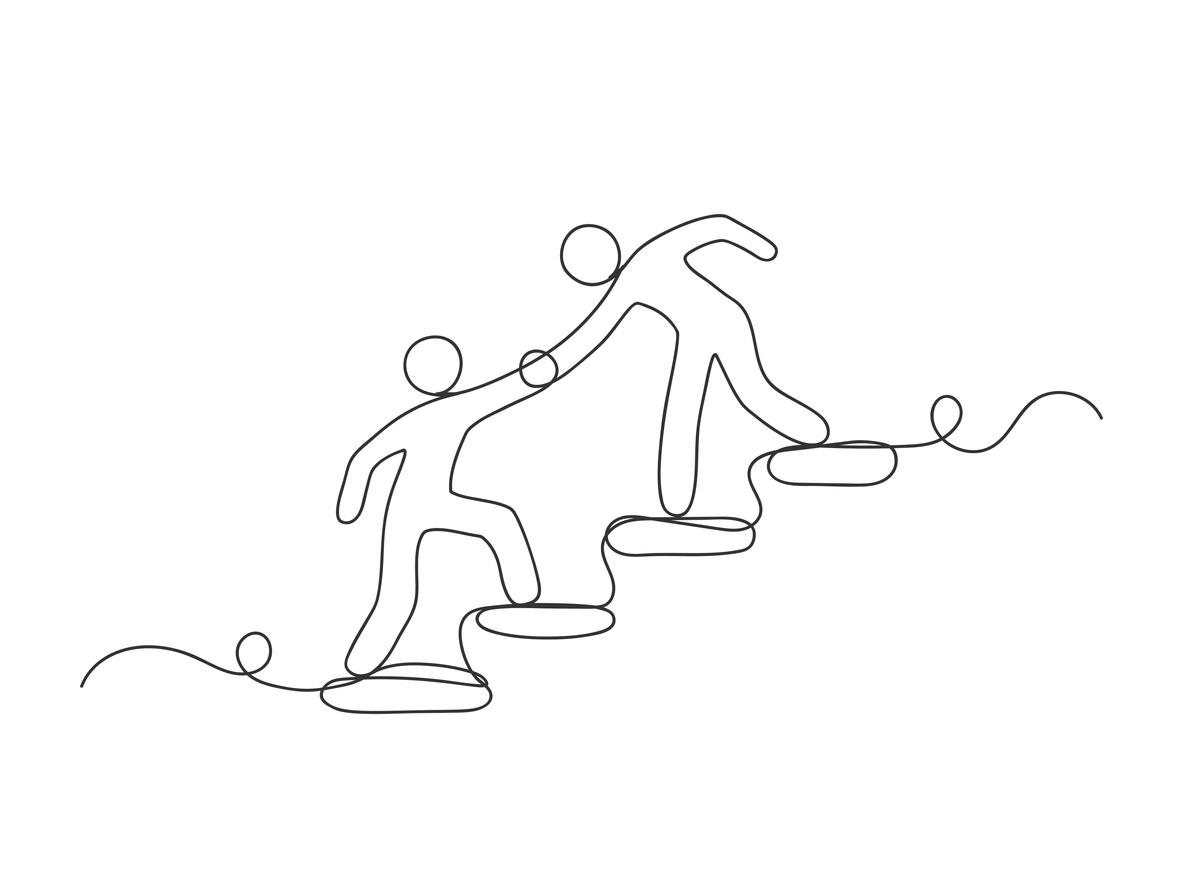 Two drawn figures, one helping the other up the stairs by holding their hand and pulling them up in support.